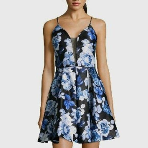 BETSEY & ADAM Blue Black Floral Fit & Flare Mini Dress 10 Cocktail Formal Prom - Picture 3 of 10